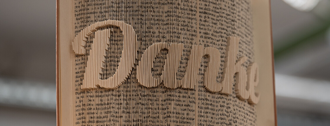 Ein aufgeklapptes Buch, auf dem das Seitenbild das Wort "Danke" ergibt stehe auf einem Regal, darüber ein Luster.