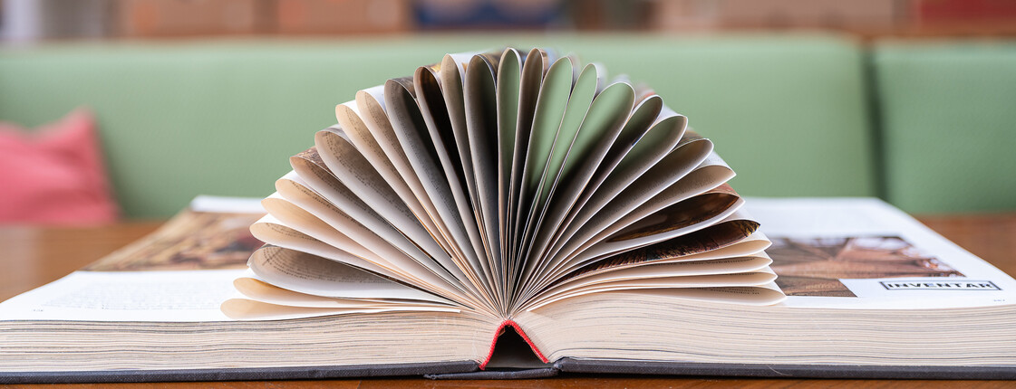 Aufgeschlagenes Buch auf einem Tisch, dessen Seiten fächerförmig nach oben aufgeklappt sind.